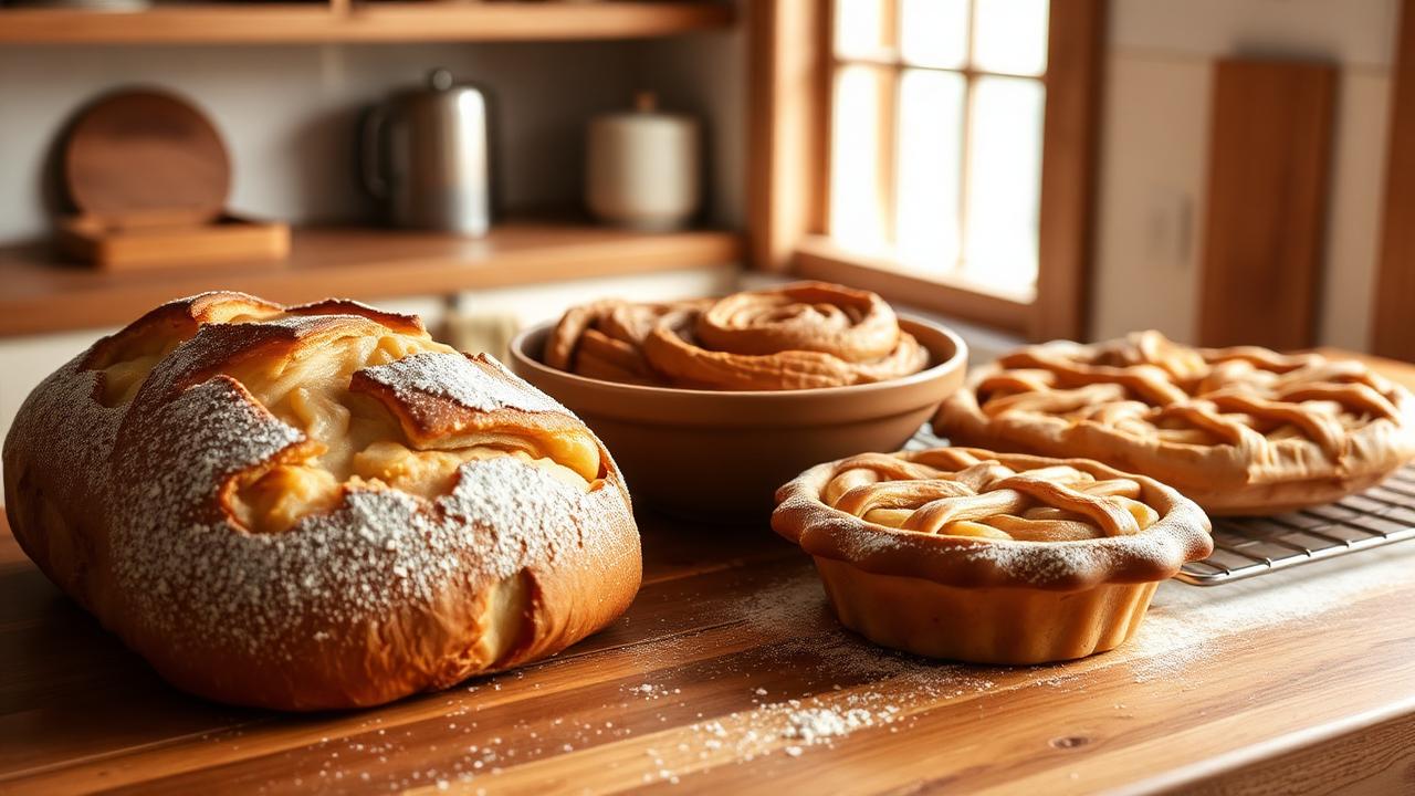 Fresh baked rustic bread, cinnamon rolls, and apple pie on a farmhouse counter