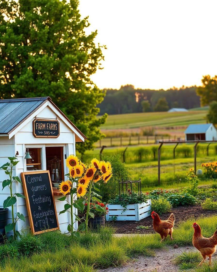 Michigan farm stand at golden hour with sunflowers and a small white outbuilding