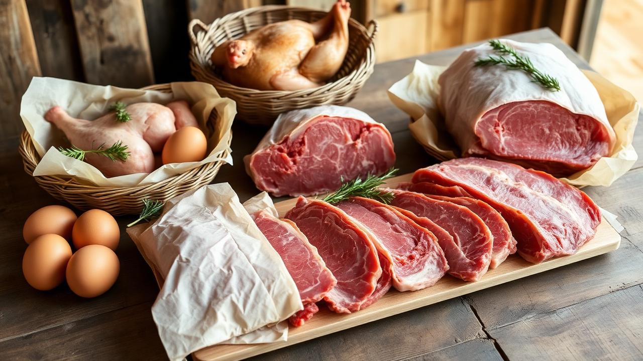 Farm-raised meats and fresh eggs on a wooden farmhouse table