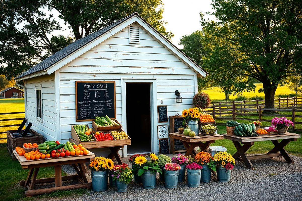 Charming white Michigan farm stand exterior at golden hour