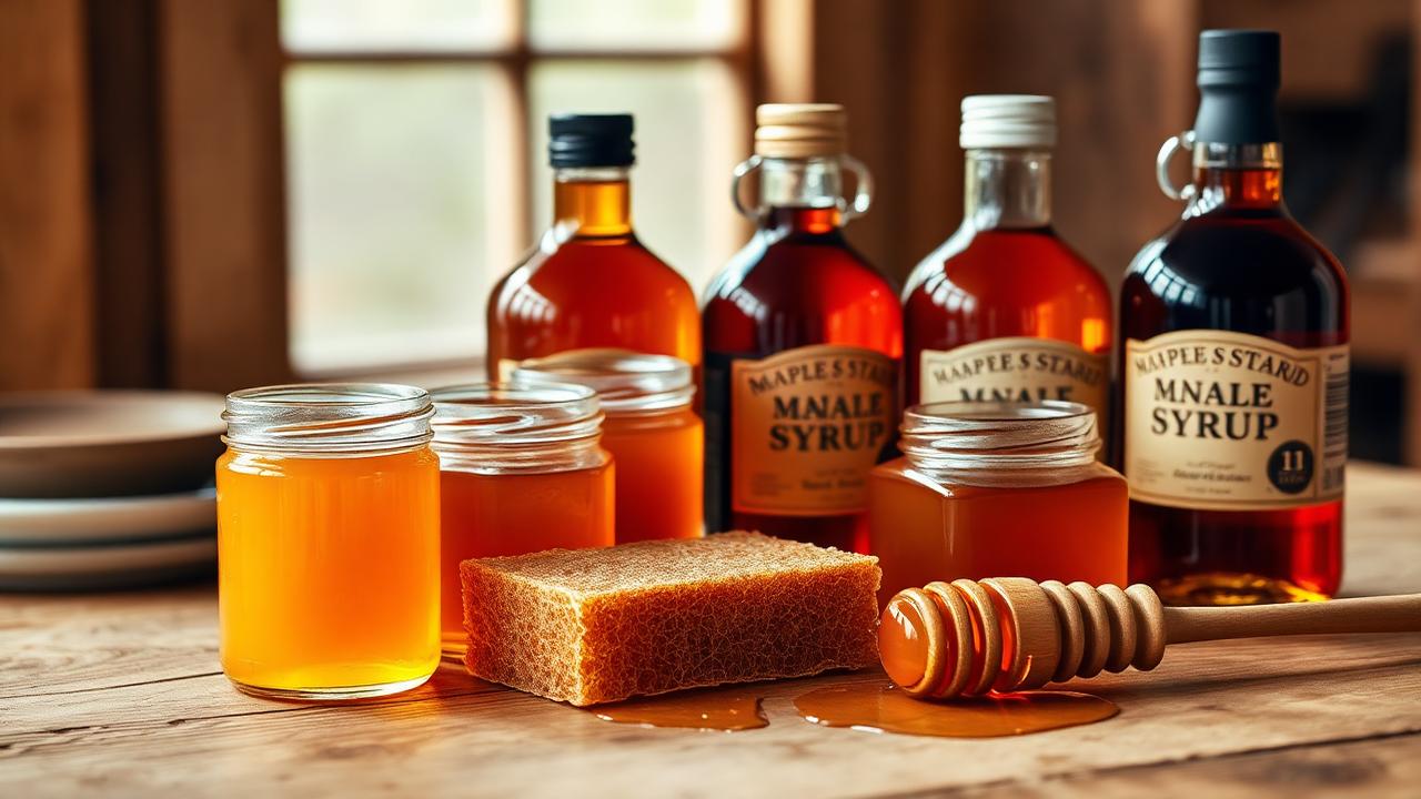 Glass jars of golden honey and bottles of dark amber maple syrup on a farmhouse table