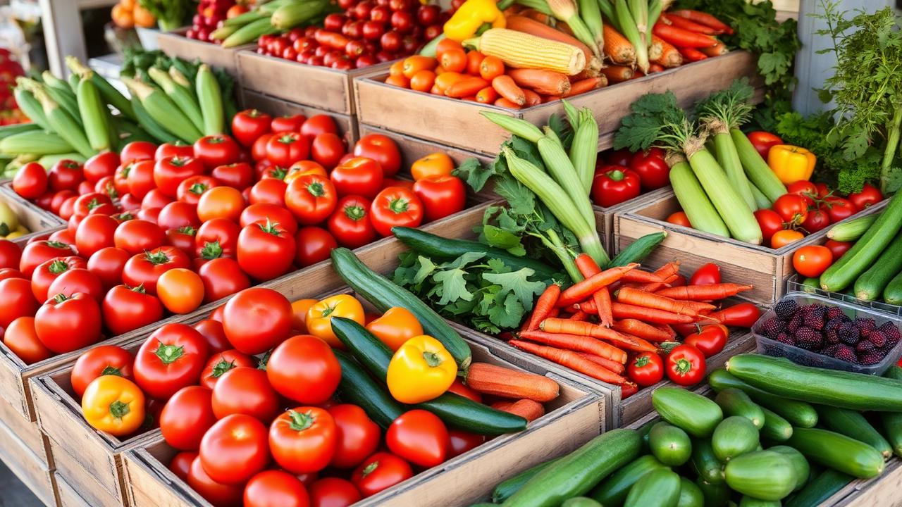 Crates of fresh seasonal vegetables and small pumpkins at a Michigan farm stand